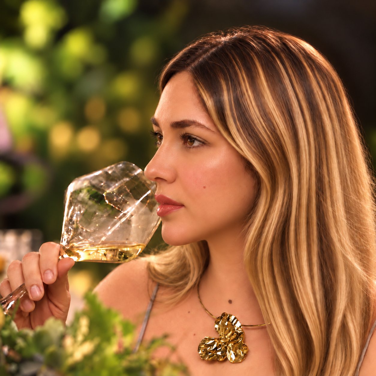 Invitada que huele una copa de vino blanco en una cena al aire libre