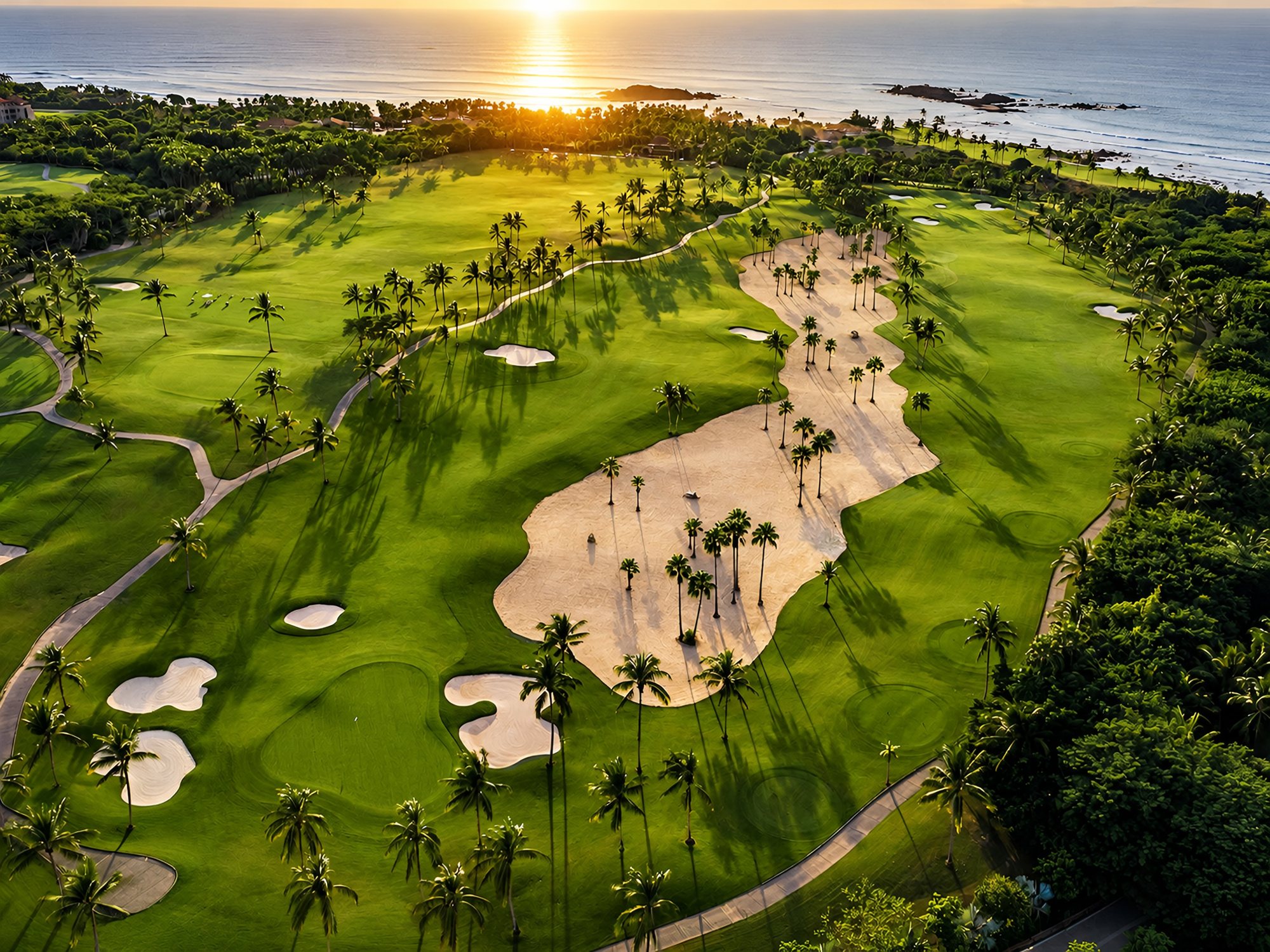 Campo de golf de Punta Mita al atardecer, con palmeras, bunkers de arena y el mar al fondo